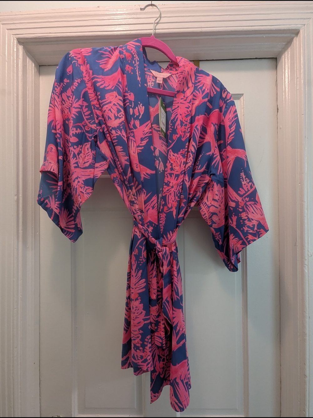Lilly Pulitzer Palm Beach Silk Robe In Indigo Night Caw